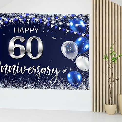 Sretna 60. godišnjica pozadina Banner dekor mornarsko plavo-srebrni sjaj sretan 60 godina godišnjica vjenčanja tema dekoracije za žene i muškarce