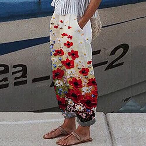 Pamučne platnene kapri pantalone ženske Ležerne ljetne kapri hlače s džepovima visokog struka udobne hlače na plaži starinske Harem hlače