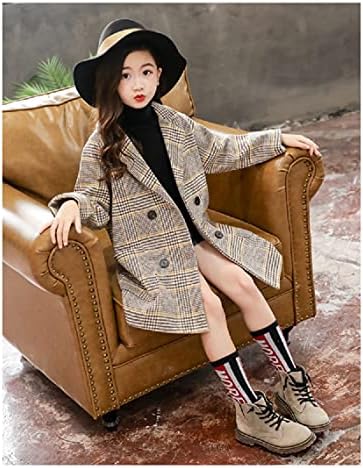 LAVIQK Girls Coat modni karirani vuneni kaput za djevojčice dvoredna Dječija vanjska odjeća jesen debela zimska odjeća za djevojčice