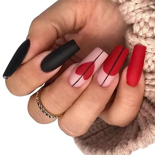 VOTACOS Valentinovo pritisnite na noktima crveni dugi kovčeg lažni nokti Crni lažni nokti sa dizajnom srca mat štap na noktima za žene 479