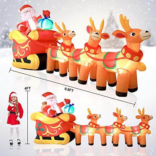9.8 Ft Božić napuhavanje Dekoracije Santa Claus na sankama sa tri Reindeers Božić Blow up Dvorište dekoracije, Božić ukras na otvorenom napuhavanje Božić sanke