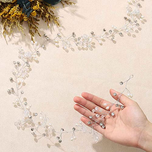 Latious Crystal Bride Wedding Hair Vine Silver Long Rhinestones Bridal Headband Pearl Hair Accessories