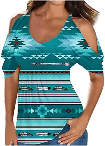pbnbp ženski V izrez vrhovi hladnog ramena plemenski labavi kroj dnevni Tee plisirani Flowy ljetni kratki rukav elegantne bluze Camisas