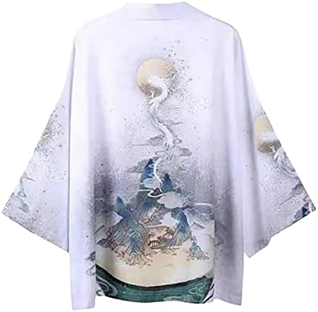 XXBR MENS japanski kimono, 3/4 rukava otvorena prednja lagana jakna ukiyoe zmaj Ispis ljetna plaža ogrtač kardigan