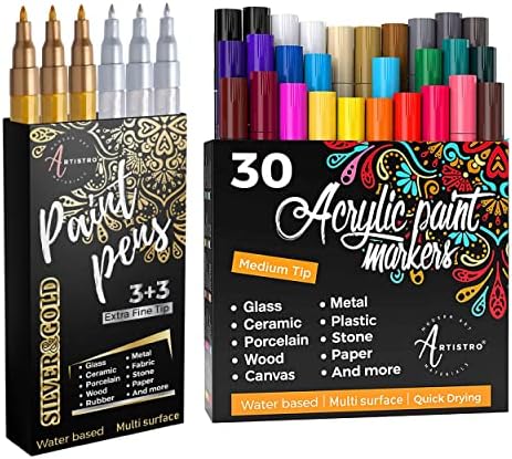 ARTISTRO 30 Akrilni markeri boja Srednje tip i 6 trajnih zlatnih i srebrnih markera na bazi ulja Extra