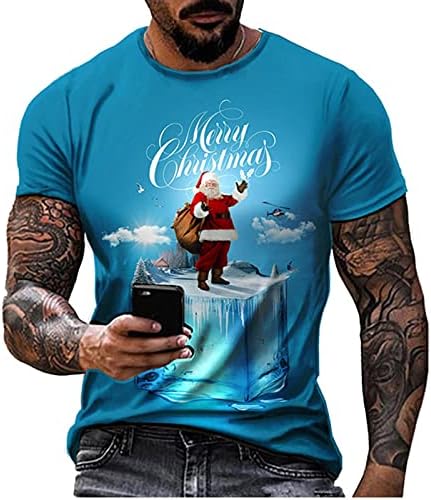 XZHDD božićne majice za muške, vojnike s kratkim rukavima 3D Xmas Santa Claus Print Crewneck Tee vrhovi vježbanje Ležerne majice Lagana jakna Prednji patch patch džep u obliku manžete