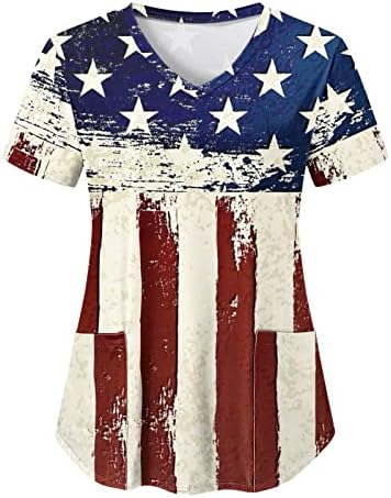4. jula vrhovi za žene američke zastave ljetne kratke rukave v majice s izrezom s 2 džepa bluze praznična
