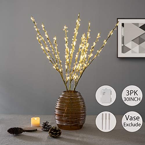3 pakovanja osvijetljenih grana drveća, kristalno zlatne grane sa zlatnim grančicama sa tajmerom na baterije, Drvo grančice od 30 inča sa 60 toplim bijelim LED svjetlima visoko vaza za punjenje za kućni vrt vjenčanje