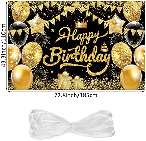 Happy Birthday Backdrop Banner, crne i zlatne dekoracije za rođendanske zabave, izuzetno velika