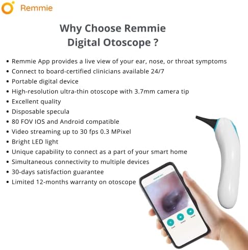 Remmie Health | Bežična otoskopa ušna kamera | Grlo, koža, nos kamera | Podesiva LED svjetlo | FDA