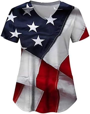 4. jula majice za žene američka zastava ljetne kratke rukave V izrez majice sa 2 džepovima bluza Top Holiday Casual Workwear