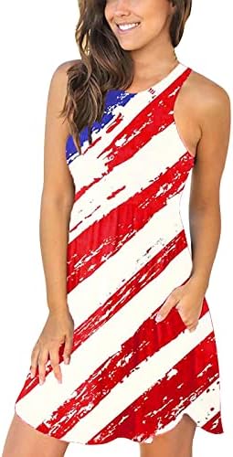 4. jula ljetna haljina za žene Casual boho haljina američka zastava bez rukava Scoop vrat lepršavi