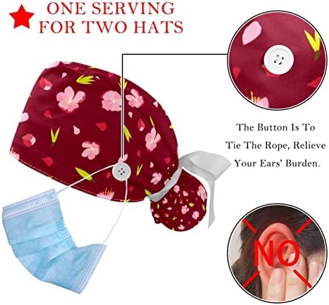 2 pakete Crvena cvjetna medicinska sestra za cvjetni piling kapice Žene duge kose, podesiva kravata na stražnjoj šeširu, jedna veličina Radna pokrivača glave