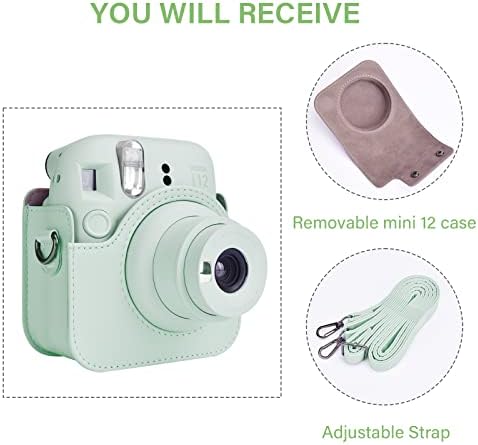 Rieibi futrola za kameru Fuji Instax Mini 12-PU kožna zaštitna futrola za Fujifilm Instax Mini 12 Instant kameru-uklonjiva futrola sa podesivim remenom za rame-zelena