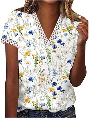 Žene ležerne ljetne vrhove Trendy Print kratkih rukava Majica čipke TRIM V izrez Tunnic majica Tee bluza
