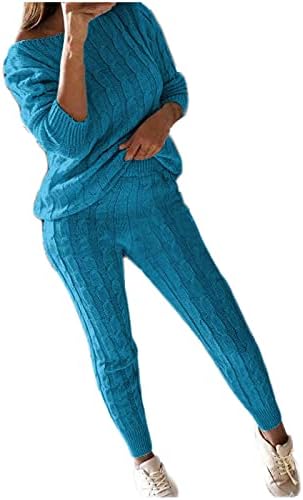 Ženski džemper odijelo seksi od naramenog prevelika kabl dugih rukava pleteno toplo 2pcs pletena dugačke hlače