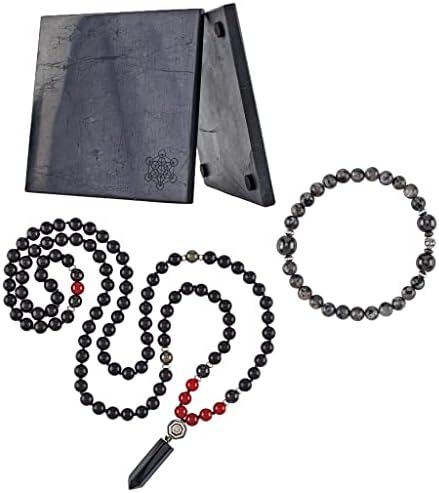 Moderna ōm shungitna ogrlica od male perle, ploče sa svetim geometrijom i žestokom ploča za punjenje s metatronom kockom