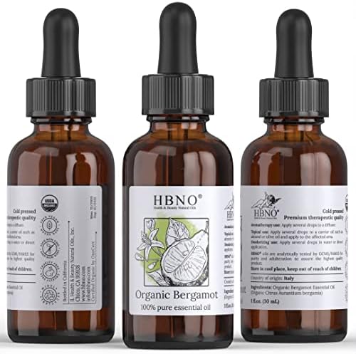 HBNO Organic Bergamot Esencijalno ulje Bergapten - čista i prirodna i prirodna i USDA certificirana organska - za lice, tijelo, kožu, usne, kosu, nokti, šampon, klima uređaj - 1 oz