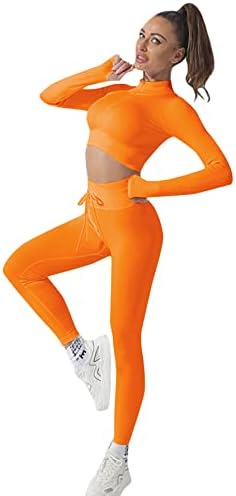 Lyaner Workout Outfits za žene Polu patentni zatvarač s dugim rukavima gornji i visoki tamki za struk 2 komada