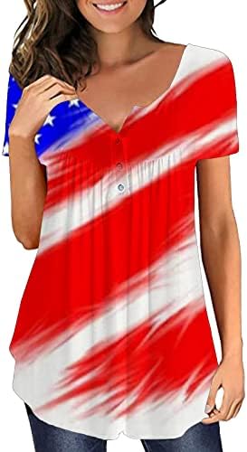 4. srpnja Sjedinjene Američke Države Tuničke vrhove za žene Sakrij trbušku majicu Summer Casual Holiday Short rukav dugme Up V izrez Bluzes