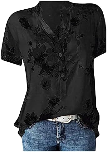 NDVYXX Women plus veličine Štampano dugme dolje majice Vintage kratki rukav cvjetni v vrat labava bluza
