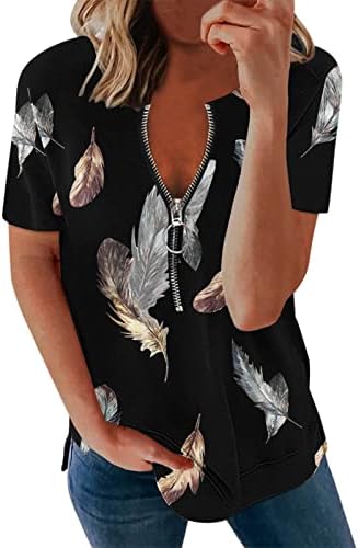Flowy Tops za žene žene modni Casual Tops Shirt Print tunika V vrat Zipper T-Shirt kratki ljetni Tops