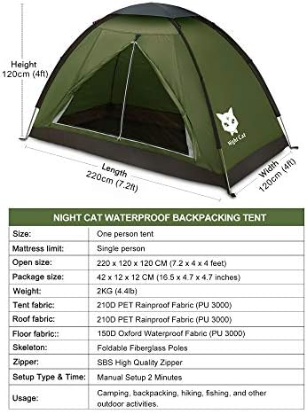 Noćni šator za mačke s ruksakom za jednu osobu od 1 do 2 osobe lagani vodootporni šator za planinarenje za odrasle izviđače jednostavno postavljanje jednoslojni 2, 2x1, 2m