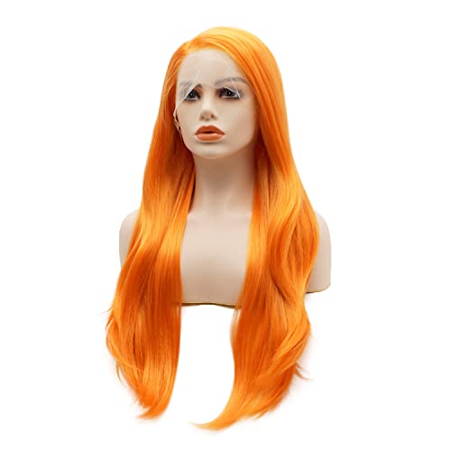 LUSHY BEAUTY Hair Sintetička čipka prednja perika ravna duga 24 inča narandžasta teška gustina otporna na toplotu realistična perika