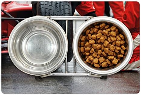 Lunarable Man pećinska prostirka za kućne ljubimce za hranu i vodu, profesionalni foto trkački tim na poslu Pit Stop Racecar brza slika koja mijenja gume, pravougaona neklizajuća gumena prostirka za pse i mačke, višebojna