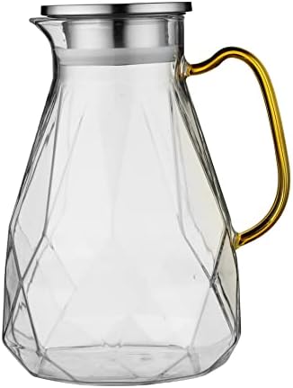 Glass bacač sa poklopcem, elegantan dijamantski dizajn vodeni bacač s drškom, ukras za sobu, visoko izdržljivost vodena staklena karafa za ledeni čaj, piće, vruću / hladnu kafu.