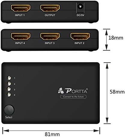 Portta HDMI prekidač 4x1 4 port v2.0 sa IR daljinskim nosačem 4K 60Hz 3D prekidač za PS4 DVD HDTV Blu-ray