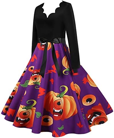 Žene Vintage Swing haljina Halloween Lobanja Print 1950-ih Rockabilly koktel haljina Dugi rukav V-izrez tanka haljina za zabavu