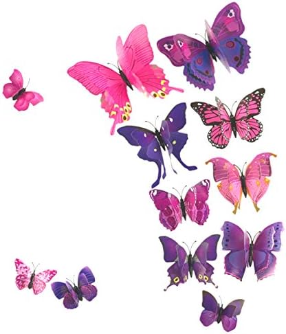 AKOAK 24 kom 3d leptir zidne naljepnice, dvoslojne Wing Butterfly Art Decor naljepnice sa magnetom i dvostrano ljepilo za uređenje sobe za kućne rasadnike, Pink / Purple