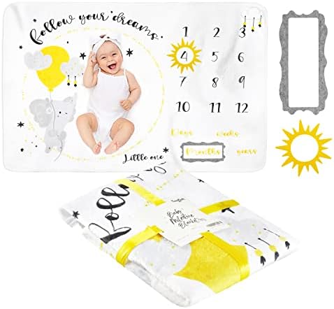 Treadsoft Baby Milestone pokrivač - personalizirana debela za bebe za kućnu fotografiju, uključujući rekvizite - Spol neutralni poklon za mesečnu prekretnicu za bebe - Dizajn slonova - 60 x 40 inča