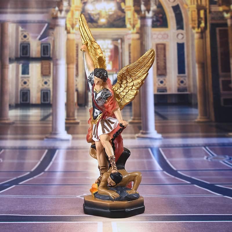 Moococo St Michael Statue, San Miguel Arcangel spisue figurine, Saint Archangel Michael poražen