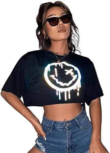 SweatyRocks ženski Casual kratki rukav okrugli vrat reflektirajući grafički Print crop top majica