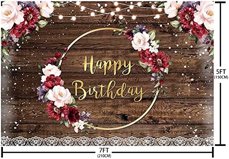 SENDY 7x5ft Happy Birthday Backdrop Retro Wood Gold Ring Burgundy Pink Floral Flowers Birthday Party Decorations Supplies bday Photography Background Banner Cake Table Photo Booth Studio rekviziti