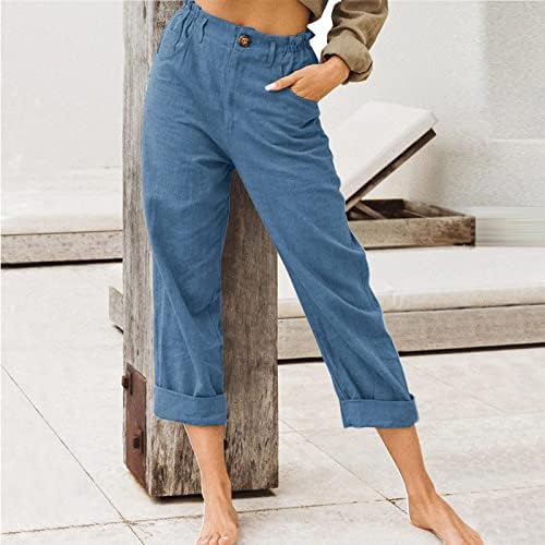 Wocachi Capri pantalone za žene, čvrsta posteljina gumba elastična struka Roll up pantalone Ljeto obrezane palazzo dno hlače