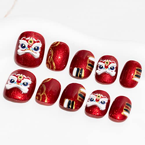 Sun & amp; grede Nails ručno rađeni kratki okrugli crveni lažni Savjeti za nokte sa slatkim 3D Lion popularnim šarmom dizajn presa na noktima 10 kom