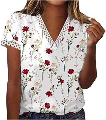 Košulje za žene Florl Print Crochet Clochet TRIM V izrez Top Casual Bluzes Pulover Košulja Basic