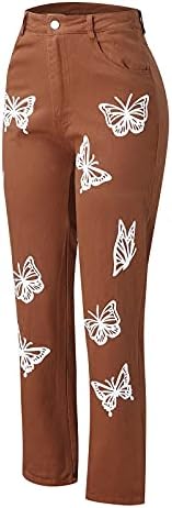 Ženske pantalone od visokih struka labave pune boje ravno leptir Ispis estetski traper za žene za žene
