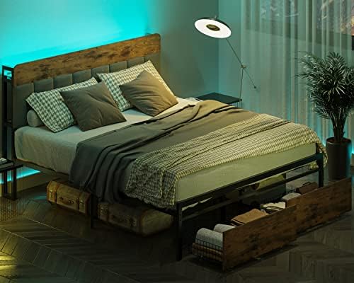 LIKIMIO Queen okvir kreveta sa uzglavljem za odlaganje, fiokama, LED svetlom i stanicom za punjenje, čvrst,