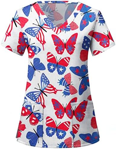 Majica sa američkom zastavom za žene 4. jula ljetna kratka rukava V majica sa izrezom sa 2 džepa bluza Top Holiday Casual radna odjeća