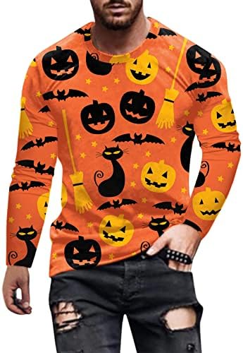 GDJGTA Mens Halloween modni Casual sportski fitnes vanjski zakrivljeni rub jednobojni okrugli muški pamučni vrhovi Dugi rukav