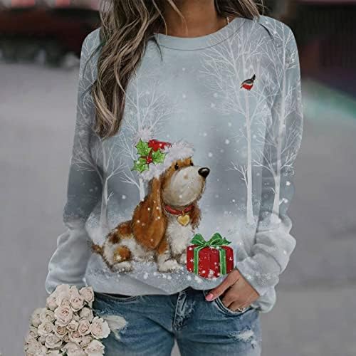 xipcokm Duks za žene Božić pulover vrhovi slatka Santa Claus grafički Casual Dugi rukav posada vrat tunika Božić bluza