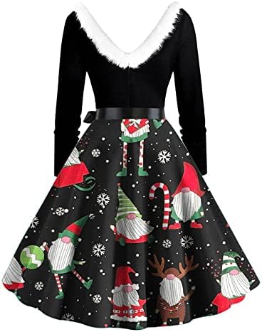 Vintage Božićne haljine za žene 2022, krzneni V izrez Dugi rukav Rockabilly koktel party haljina