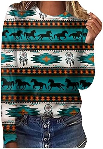 Žene 2023 kauzalne majice s dugim rukavima Aztec Geometrijski print Ethnetic Tops Crewneck Smared manžetne labave bluze