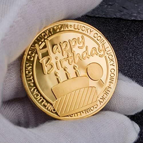 Zlatni srećni novčić sa rođendanskim željama - torta, potkovica i dizajn deteline sa četiri lista-prečnik