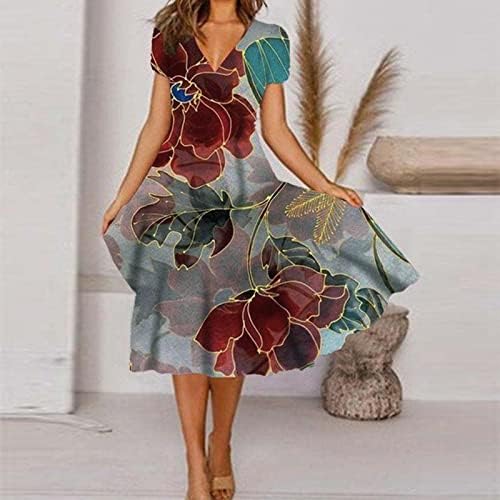 Fudule ženske ljetne cvjetne haljine casual kratki rukav V Swing haljina Ležerne prilike Flowy Maxi Place Haljine Aline Haljina