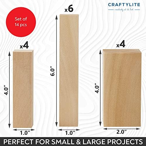 Craftylite Basswood Wood Carving Blocks Set od 14 kom - vrhunski komplet blokova za rezbarenje drveta u 3 veličine za početnike i profesionalce-lako rukovanje mekanim drvetom za male i velike projekte mućkanja.